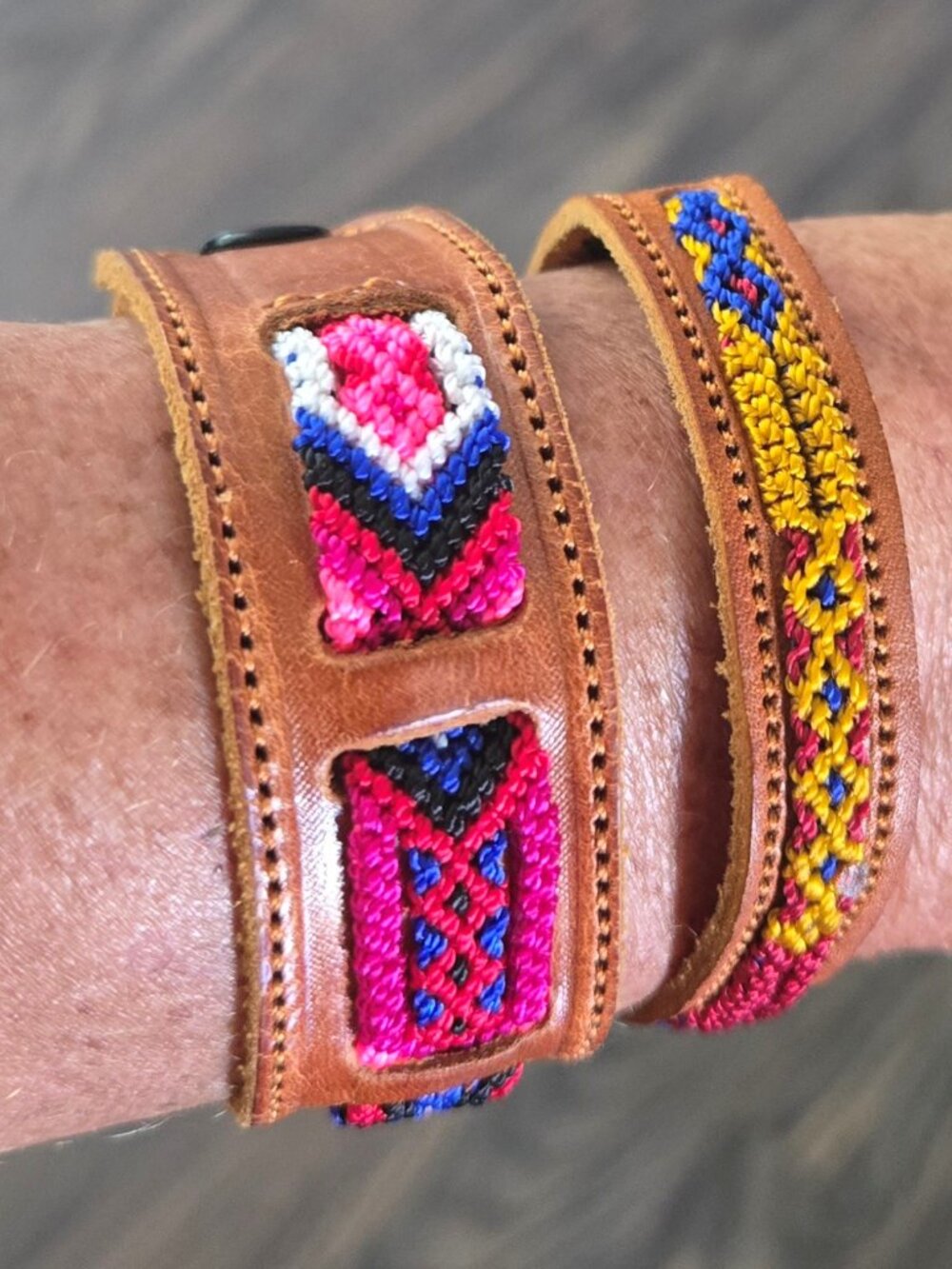 70s Boho/Hippie Style Handmade Leather & Embroidered Bracelets (Two) NEW